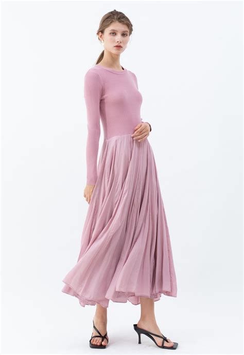 Knit Spliced Long Sleeves Maxi Dress In Pink Retro Indie And Unique Fashion