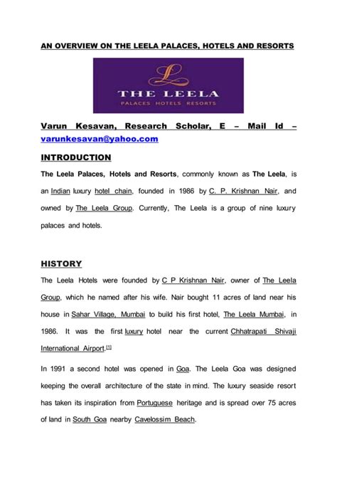 AN OVERVIEW ON THE LEELA PALACES HOTELS AND RESORTS PDF