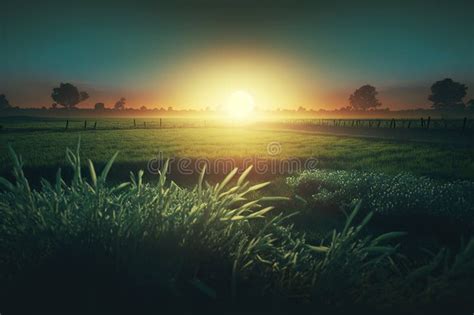 Sunrise Over Green Field on a Farm. Stock Illustration - Illustration of yellow, light: 269614457