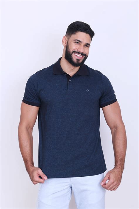 Camisa Polo Ogochi Masculina Casual Slim Azul Onix