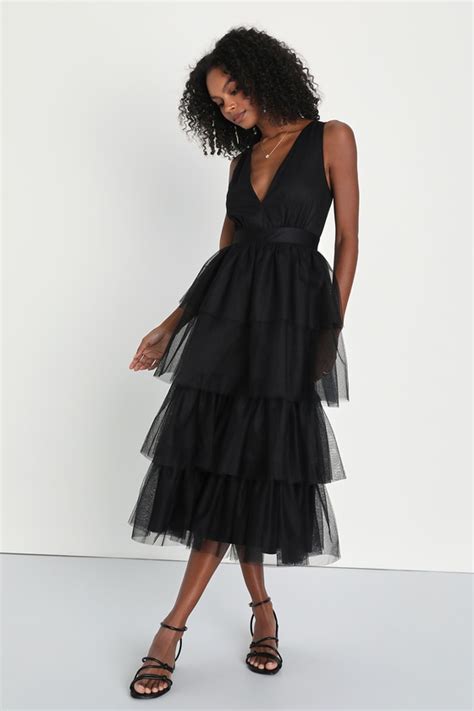 Black Tulle Dress Black Tiered Dress Tiered Midi Dress Lulus