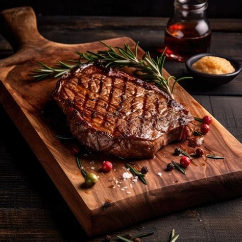 Premium Ai Image Beef Steak Grilled And On Wooden Board Generative Ai