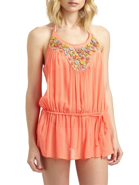 Milly Embellished Silk Chiffon Halter Dress In Orange Coral Lyst