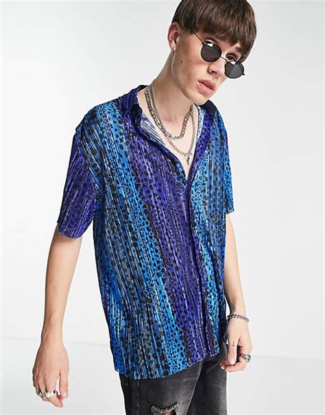 Asos Design Oversized Plisse Shirt In Blue Animal Print Asos