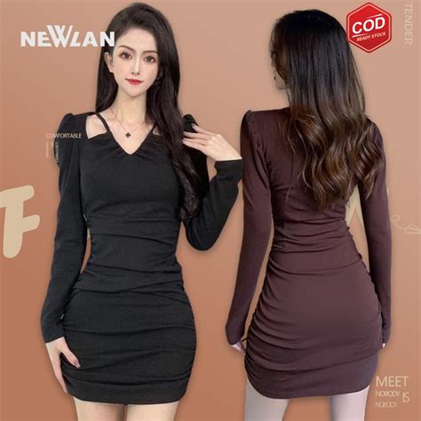 Jual Newlan QZ099 Korean V Neck Long Sleeve Hip Wrap Bodycon Dress Mini