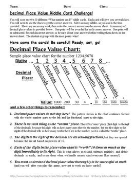 Decimal Place Value Riddle Card Challenge Game With Ordering Of Decimals