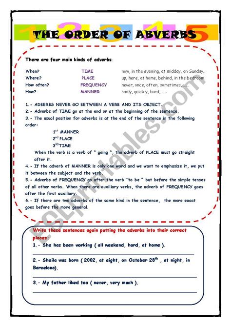 The Order Of Adverbs ESL Worksheet By Setxump