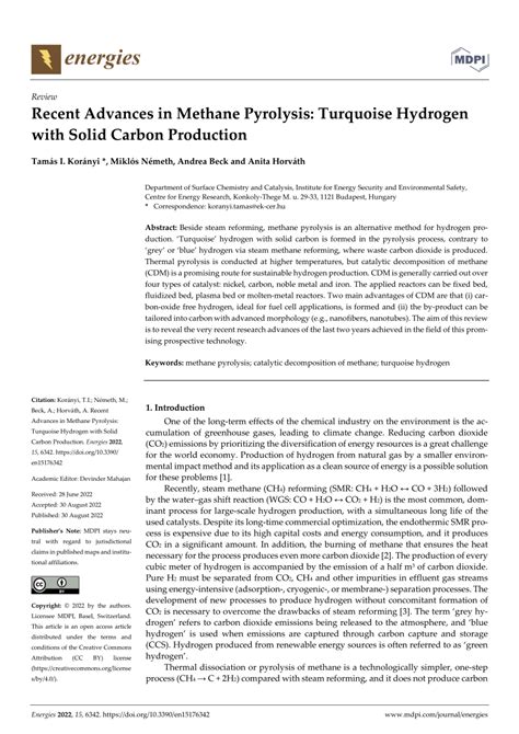 Pdf Recent Advances In Methane Pyrolysis Turquoise Hydrogen With Solid Carbon Production