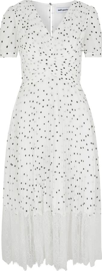 Self Portrait Polka Dot Pleated Chiffon Midi Dress White Shopstyle