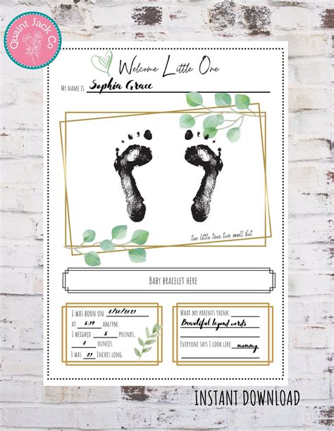 Newborn Hospital Footprint Keepsake Printable Downloadable Etsy