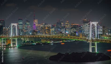 Aerial View Of The Rainbow Bridge Crossing Northern Tokyo Bay Between