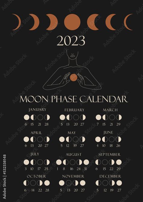 Moon phases calendar 2023 with a girl line. Waning gibbous, Waxing ...