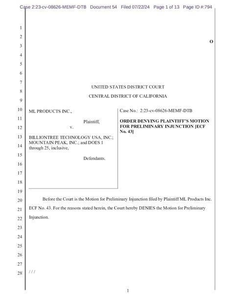 ML Producss V Billiontree Order Denying Preliminary Injunction