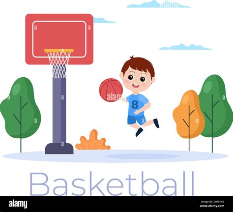 Happy Kids Cartoon Playing Basketball Flat Design Illustration Wearing