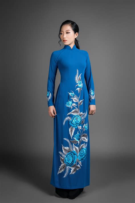 Ao Dai Vietnam Traditional Dress Blue Silk Long Dress With Stunning