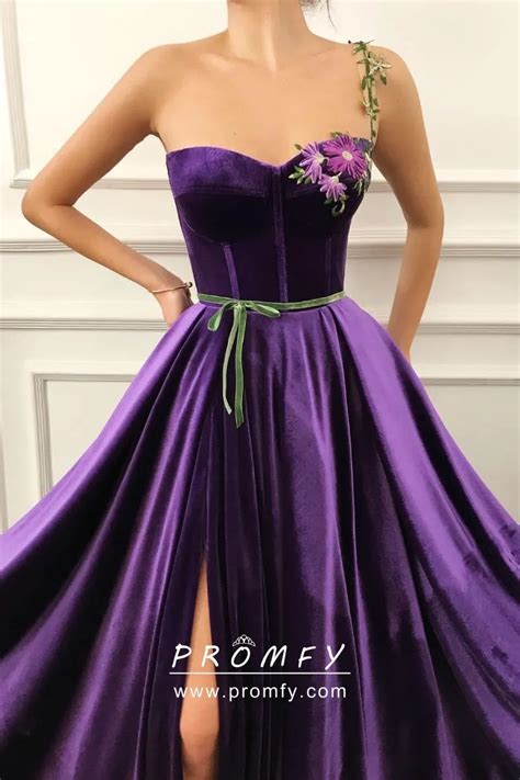 Purple Velvet Flowers Sweetheart Evening Ball Gown Promfy