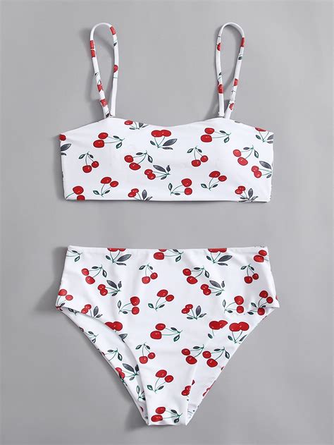 Cherry Print High Waist Bikini Swimsuit Romwe Usa In 2021 Bikini