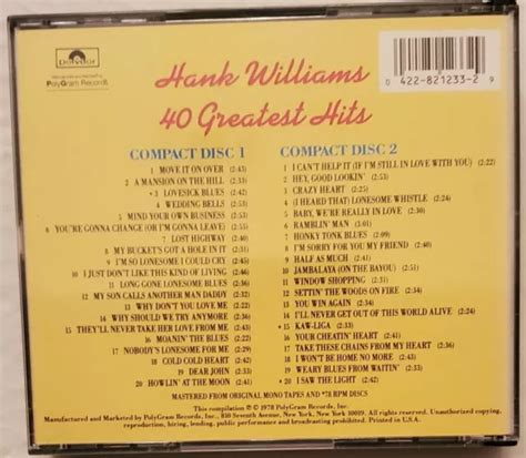 Hank Williams 40 Greatest Hits Lot De 2 Cd Et Livret Eur 4 69