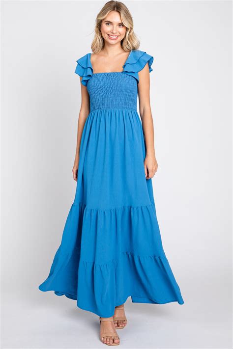 Blue Smocked Ruffle Off Shoulder Tiered Maternity Maxi Dress Pinkblush