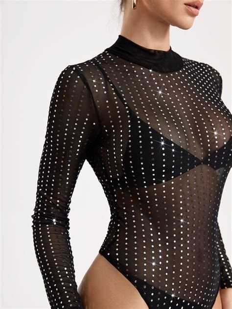 D Johnea Bianca Rhinestone Mock Neck Sheer Bodysuit Without Bra