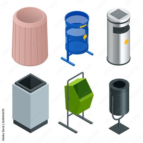 Isometric Set Of Metal Basket Bin For Waste Paper In Office Empty