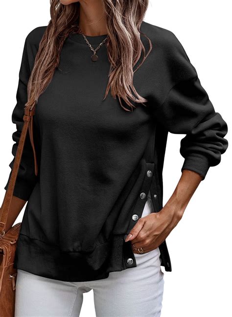 Dokotoo Womens Pullover Sweatshirts Crewneck Button Side Split Long