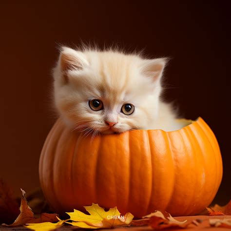 Kitten In Pumpkin With Autumn Leaves CHBKN