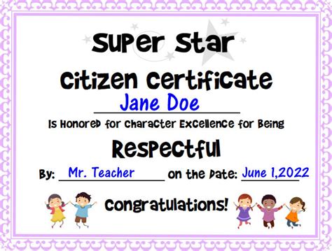 Civics Good Citizen Certificate Awards for Ages 5-18 50 Character ...