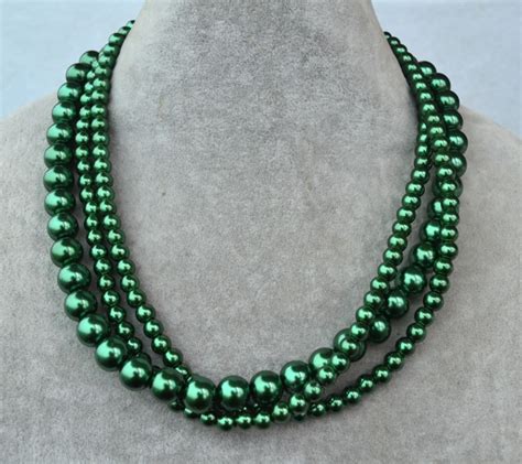 Dark Green Pearl Necklace Triple Strands Dark Green Beaded Necklace