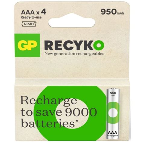 GP Recyko Rechargeable AAA Batteries NiMH 950mAh 4 Pack