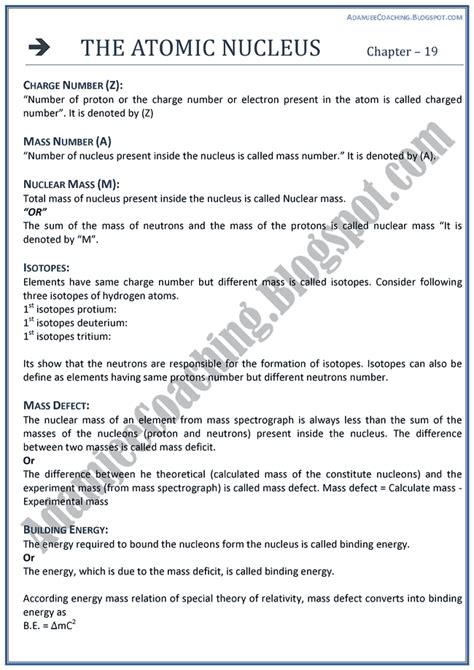 Adamjee Coaching The Atomic Nucleus Theory Notes Physics XII