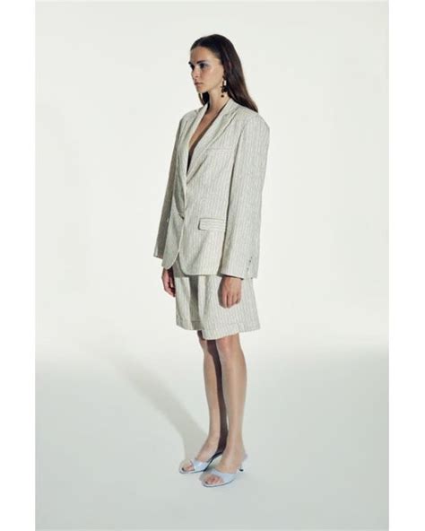 Nazli Ceren Boxy Oversize Striped Linen Blazer In White Lyst