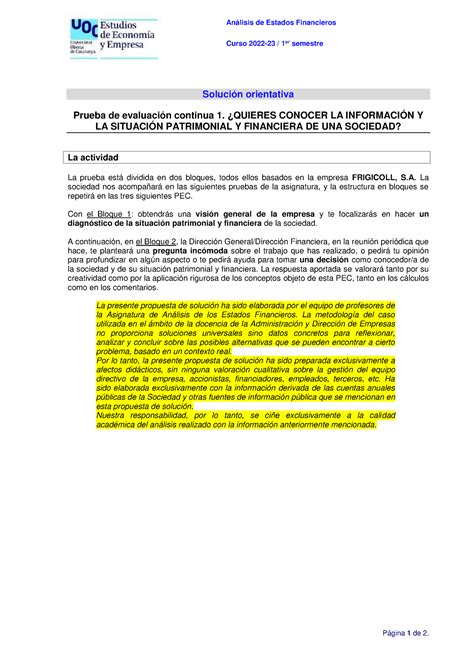 AEF PEC1 2223 1 solución Análisis de Estados Financieros Curso 2022