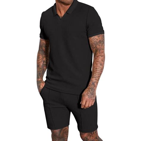 Mens Summer Outfit 2 Piece Set Short Sleeve Polo Shirts And Shorts