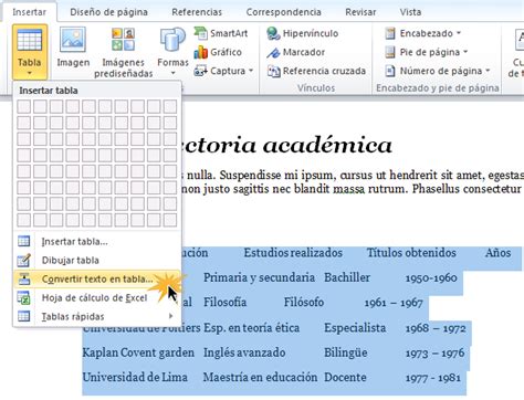 Microsoft Word 2010 Cómo convertir un texto en tabla