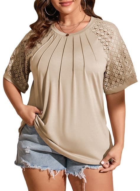 Eytino Womens Plus Size Tops Summer Lace Short Sleeve Crewneck Loose