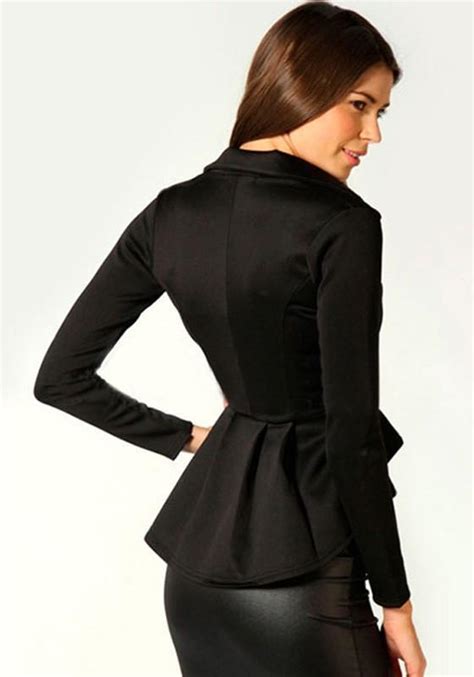 Black Buttons Ruffle Peplum Long Sleeve Fashion Suits Fashion Peplum Blazer Clothes