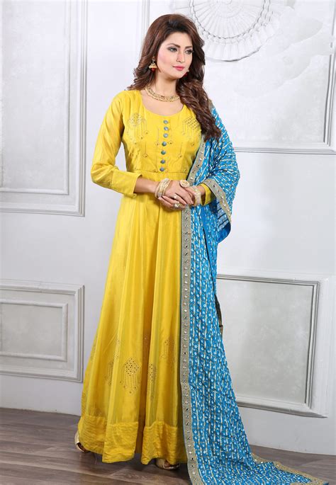 Yellow Chanderi Silk Readymade Abaya Style Anarkali Suit