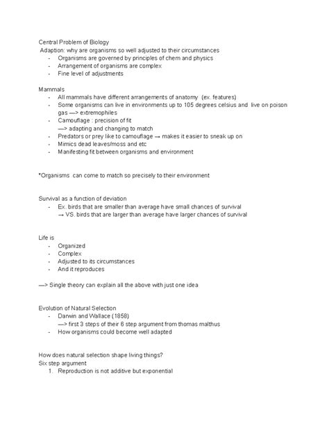 Bio Anth Lecture 1 Lect Notes Central Problem Of Biology Adaption