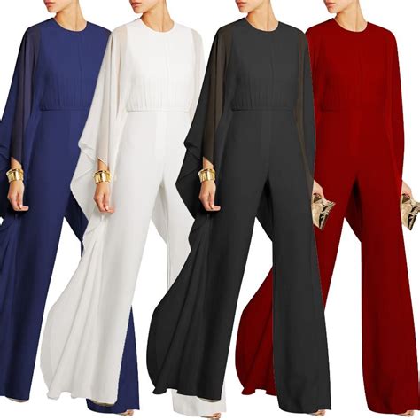 2019 Cocktail Evening Women Jumpsuits For Wedding Chiffon Flared Sleeve Wide Leg Elegant