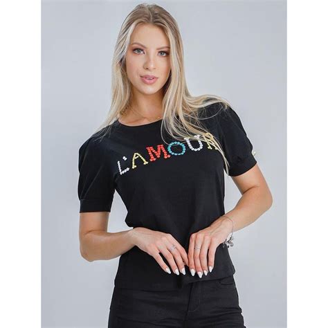 T Shirt Feminina Manga Princesa Aplicação Lamour Preto Netshoes