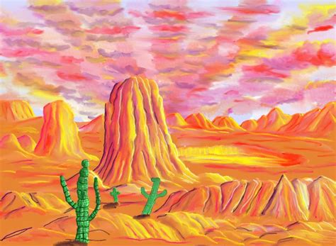 Painting Of Desert Scene With Cactus Trees And Mountains