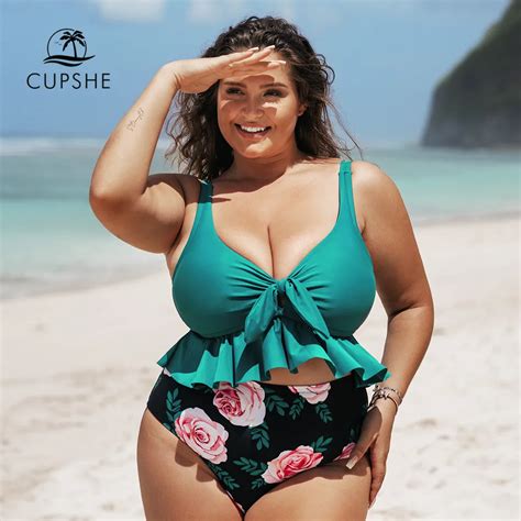 CUPSHE Plus Size Green Ruffled High Waist Tankini Bikini Sets Women