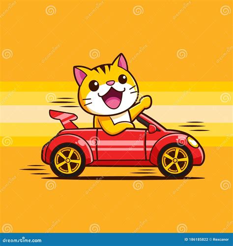 Cute Cat Kitten Driving A Car Fast Stock Vector Illustration Of