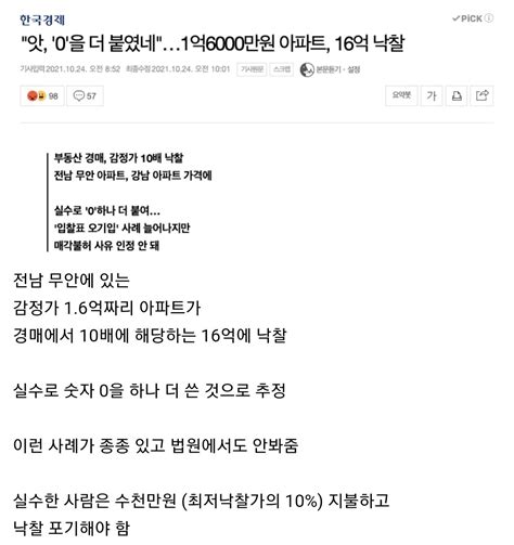 앗 0을 더 붙였네1억6000만원 아파트 16억 낙찰 오픈이슈갤러리 인벤