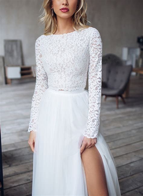 A Line Scoop Neck Long Sleeves Lace Tulle Wedding Dresses With Split