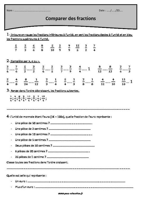 Comparer Des Fractions Cm2 Exercices Corriges Pdf