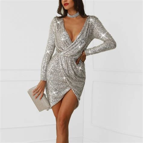 Women Sequin Party Dress Silver Glitter Club Dress Long Sleeve Evening