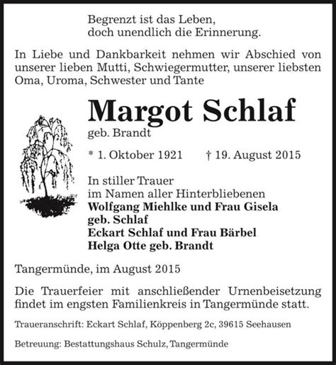 Traueranzeigen Von Margot Schlaf Geb Brandt Abschied Nehmen De