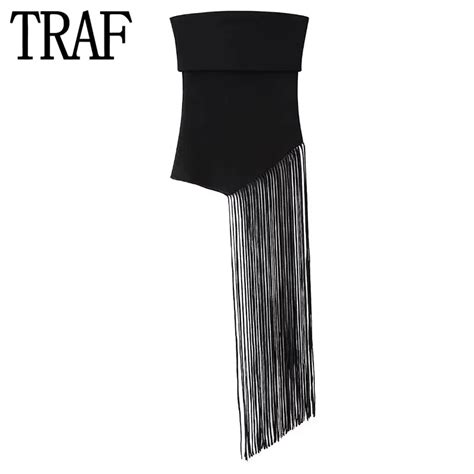 Traf Fringing Knit Top Female Asymmetric Black Crop Top Woman Off